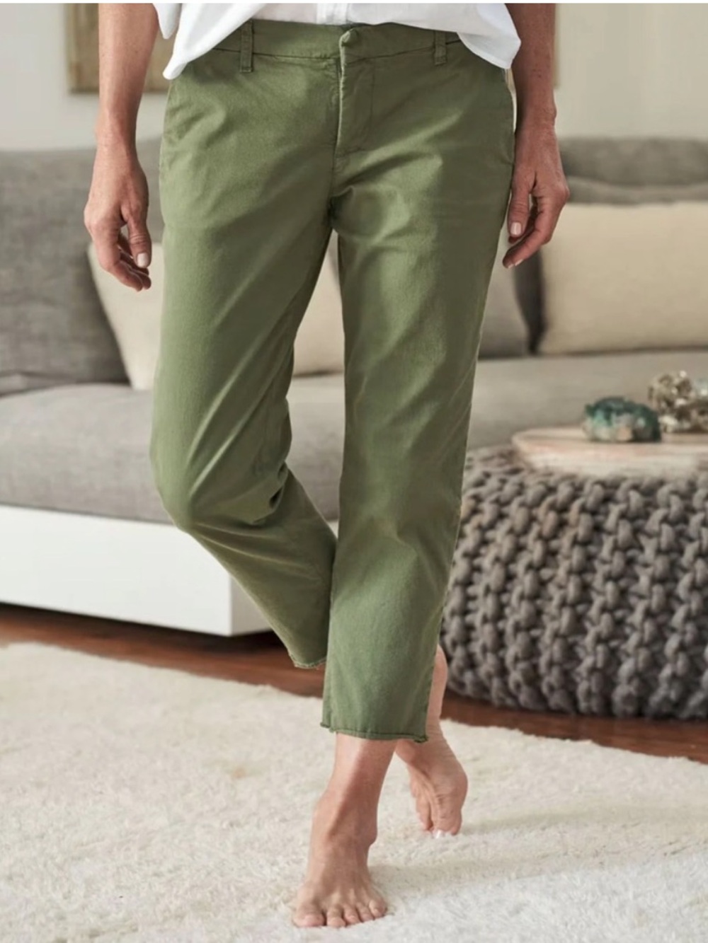 Frank & Eileen Wicklow Italian Chino Pants Green 4 Straight Leg Cropped Raw Hem